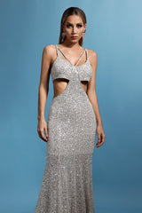Reagan Silver Sequin V-Neck Maxi Dress