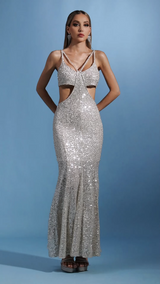 Reagan Silver Sequin V-Neck Maxi Dress