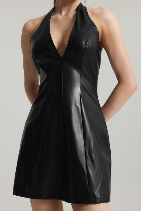 Rebecca Black Artificial Leather Halter Fit and Flare Mini Dress