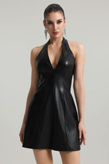Rebecca Black Artificial Leather Halter Mini Dress with Deep-V Neckline