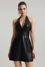 Rebecca Black Artificial Leather Halter Mini Dress with Deep-V Neckline