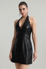 Rebecca Black Faux Leather Halter Fit and Flare Mini Dress