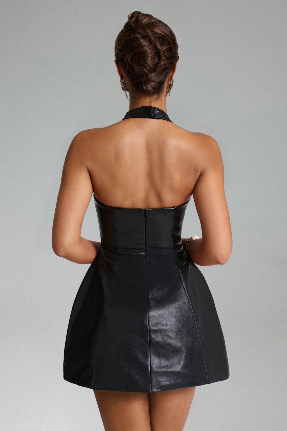 Rebecca Black Faux Leather Halter Mini Dress with Deep-V Neckline and Fit and Flare Silhouette for Night Out or Special Occasion