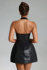 Rebecca Black Faux Leather Halter Mini Dress with Deep-V Neckline and Fit and Flare Silhouette for Night Out or Special Occasion