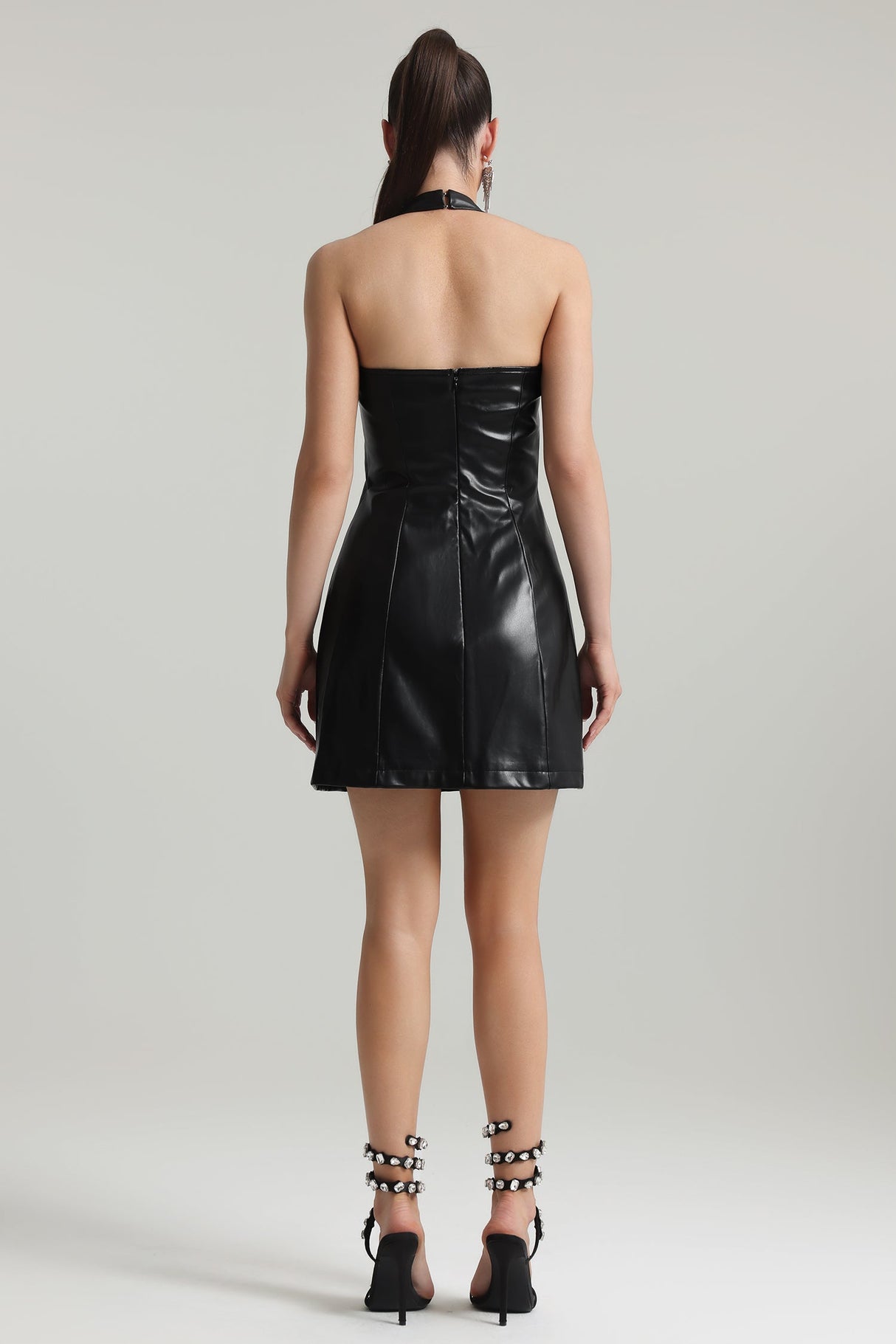 Rebecca Black Artificial Leather Mini Dress with Deep-V Neckline and Flare Silhouette
