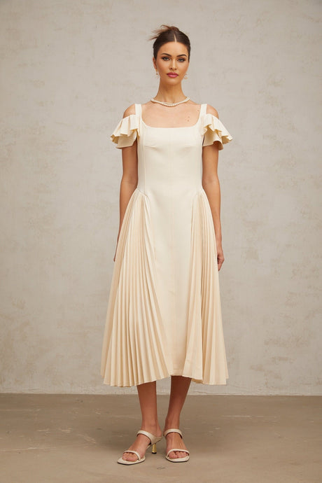 Rebecca Flutter Sleeve Pleated Midi Dress