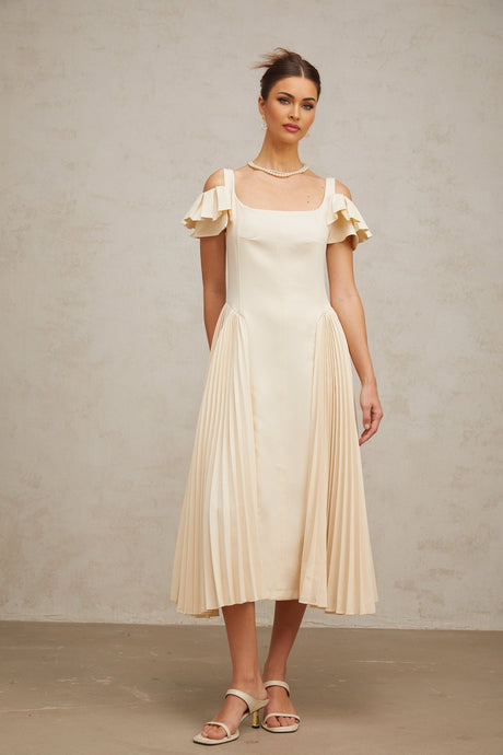 Rebecca Flutter Sleeve Pleated Midi Dress