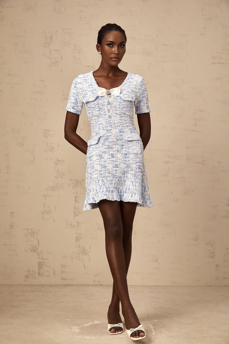 Rebecca Mini Dress Blue White Check Crystal Bow Hem & Pockets