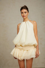 Rebecca Mini Dress White Halter - neck Faux - Pearl Tiered Open - Back
