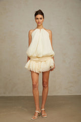 Rebecca Mini Dress White Halter - neck Faux - Pearl Tiered Open - Back