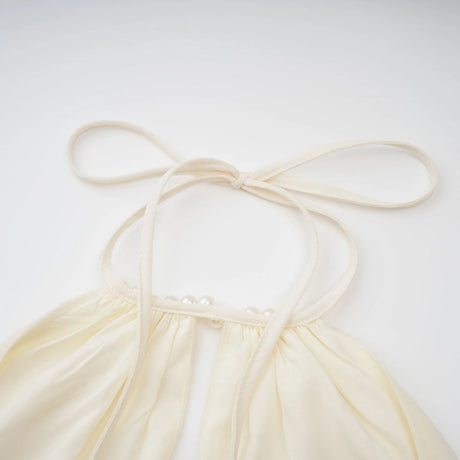 Rebecca Mini Dress White Halter - neck Faux - Pearl Tiered Open - Back