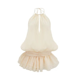 Rebecca Mini Dress White Halter - neck Faux - Pearl Tiered Open - Back