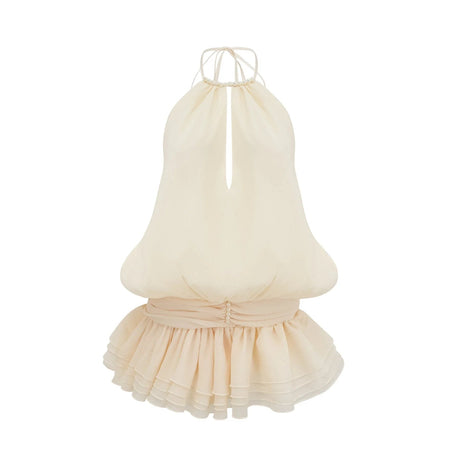 Rebecca Mini Dress White Halter - neck Faux - Pearl Tiered Open - Back