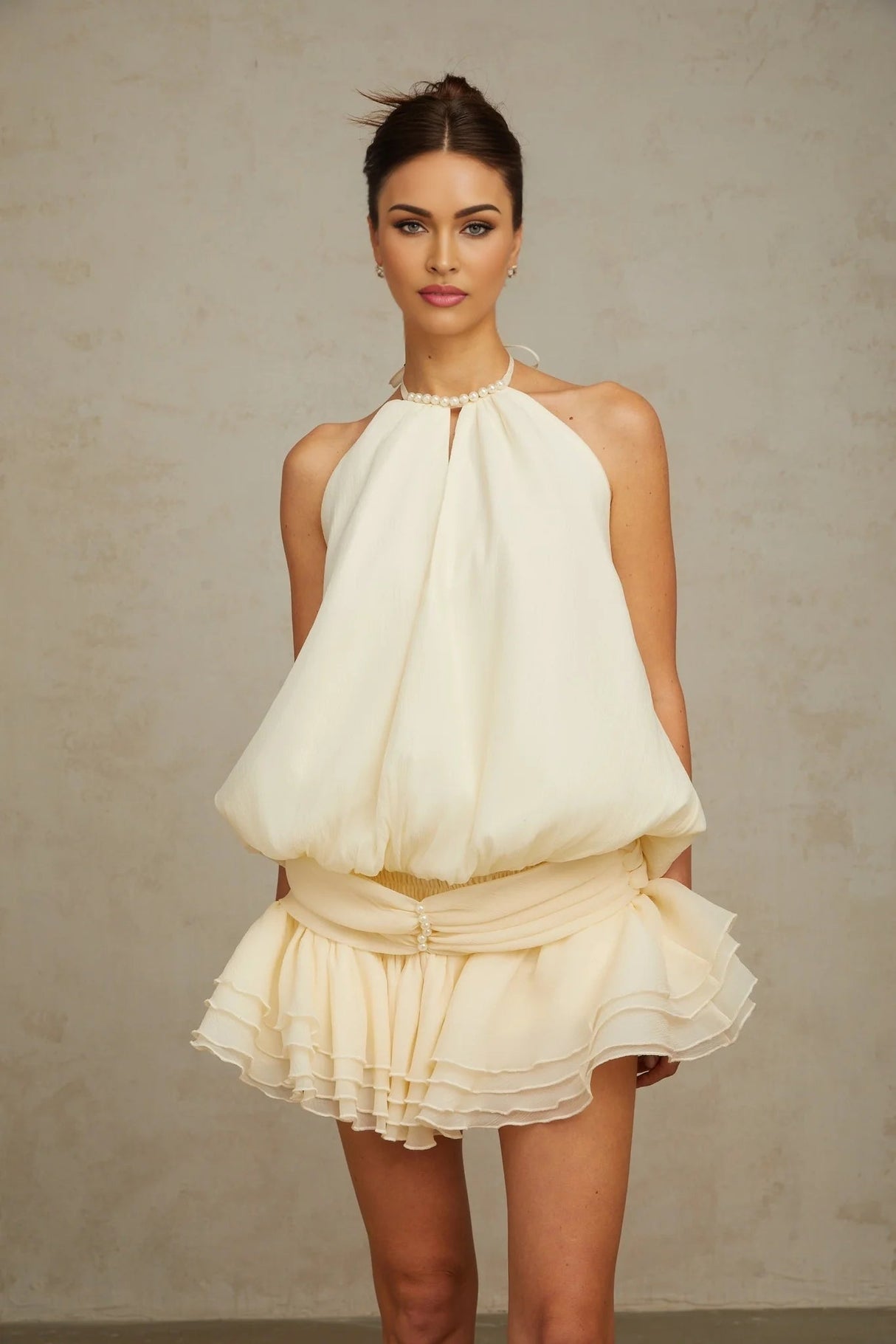 Rebecca Mini Dress White Halter - neck Faux - Pearl Tiered Open - Back