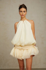 Rebecca Mini Dress White Halter - neck Faux - Pearl Tiered Open - Back