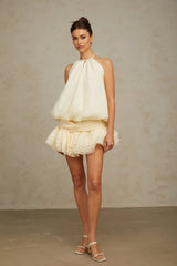 Rebecca Mini Dress White Halter - neck Faux - Pearl Tiered Open - Back