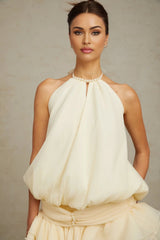 Rebecca Mini Dress White Halter - neck Faux - Pearl Tiered Open - Back