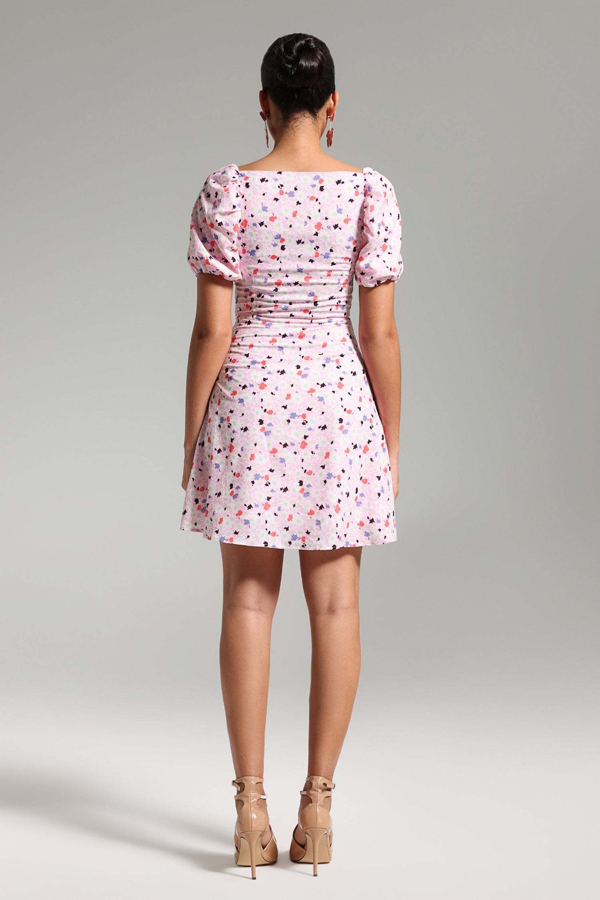 Rebecca Pink Floral Mini Dress Sweetheart Neckline Puff Sleeves Bow Detail
