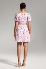 Rebecca Pink Floral Mini Dress Sweetheart Neckline Puff Sleeves Bow Detail