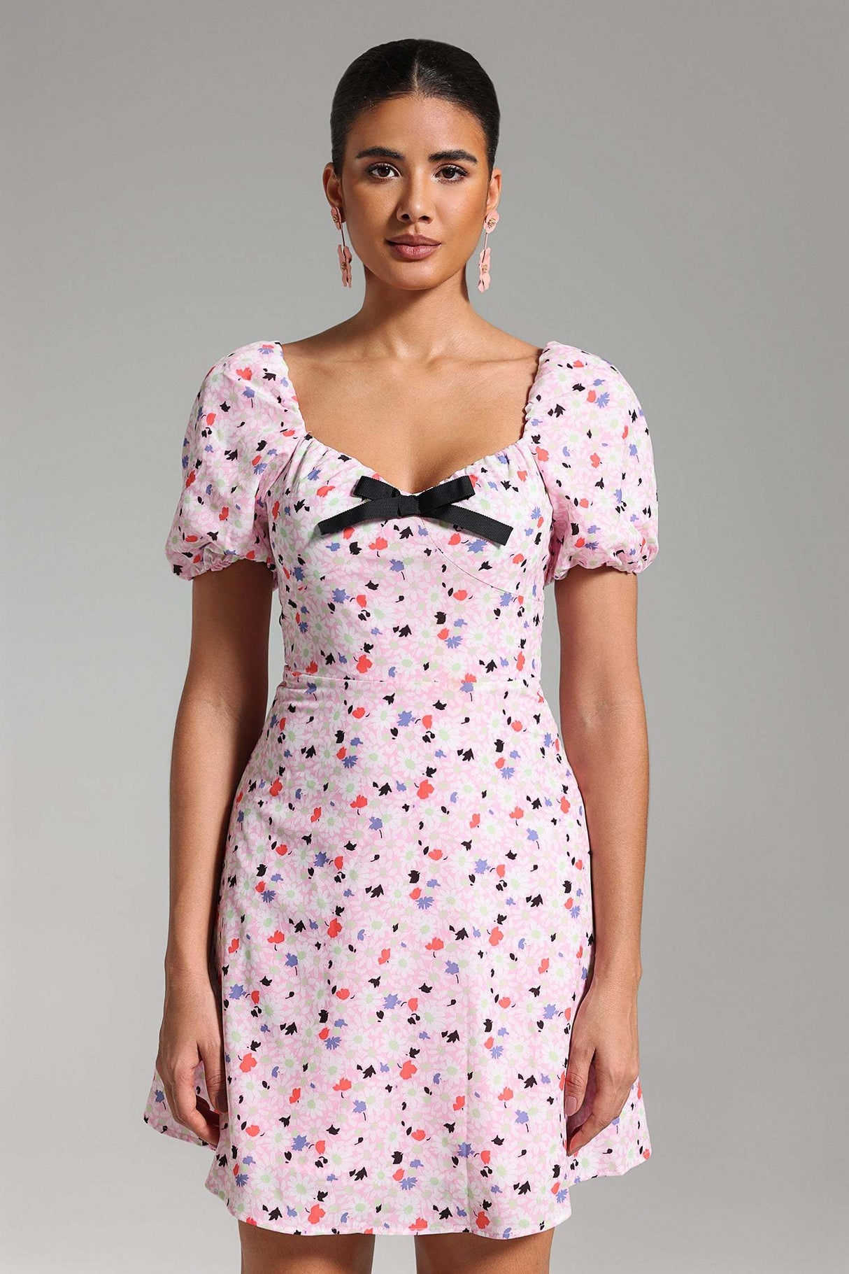 Rebecca Pink Floral Mini Dress with Sweetheart Neckline and Puff Sleeves