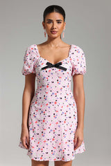 Rebecca Pink Floral Mini Dress with Sweetheart Neckline and Puff Sleeves