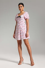 Rebecca Pink Floral Print Sweetheart Neckline Mini Dress with Puff Sleeves and Bow Detail