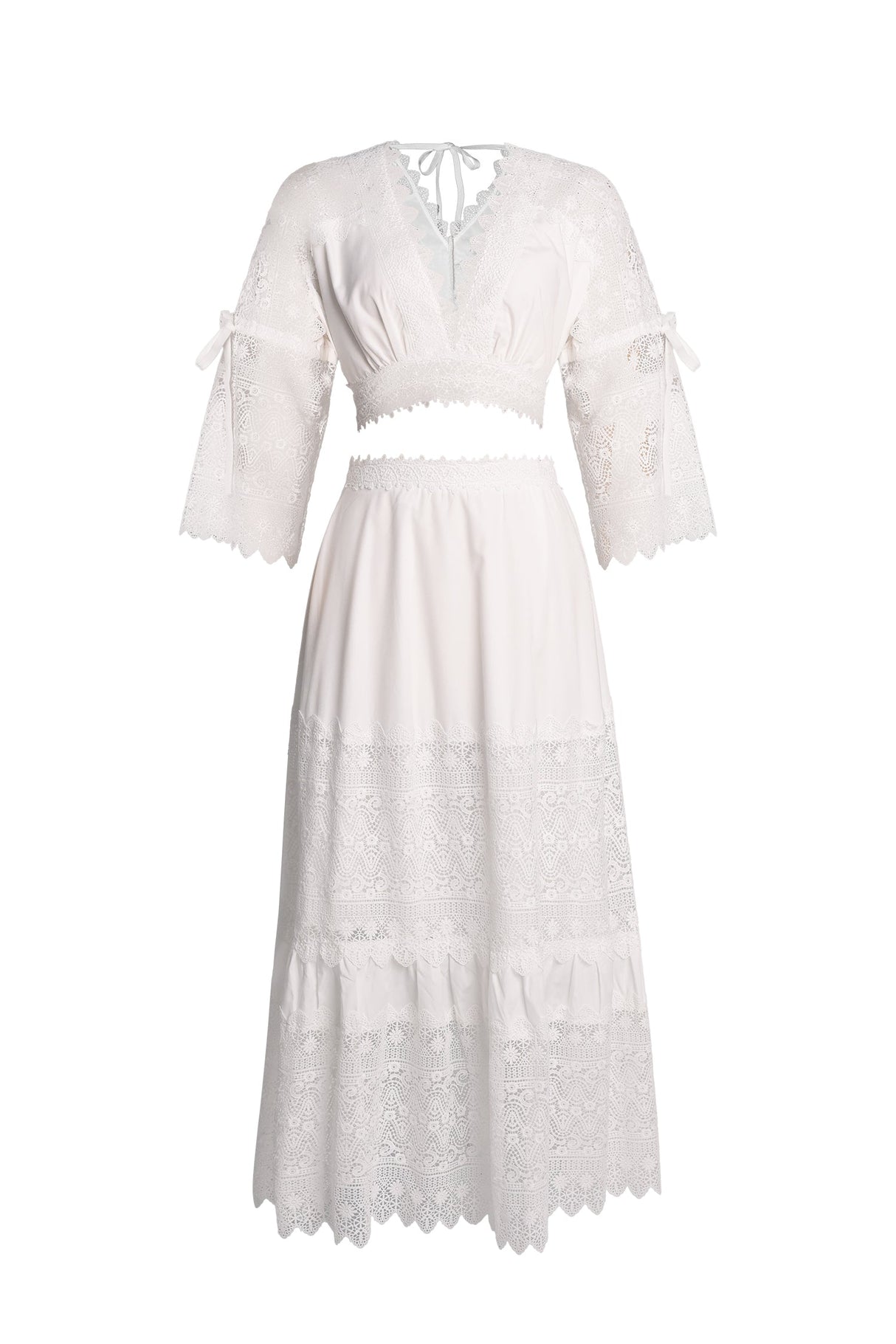 Rebecca White Lace Maxi Dress V Neck Flare Sleeves Adjustable Waist Elegant Formal Evening Gown