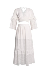 Rebecca White Lace Maxi Dress V Neck Flare Sleeves Adjustable Waist Elegant Formal Evening Gown