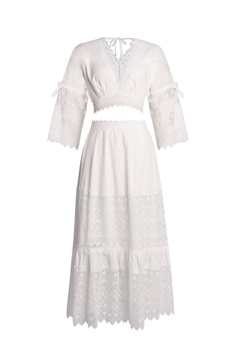 Rebecca White Lace Maxi Dress V Neck Flare Sleeves Adjustable Waist Elegant Formal Evening Gown