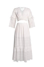 Rebecca White Lace Maxi Dress V Neck Flare Sleeves Adjustable Waist Elegant Formal Evening Gown