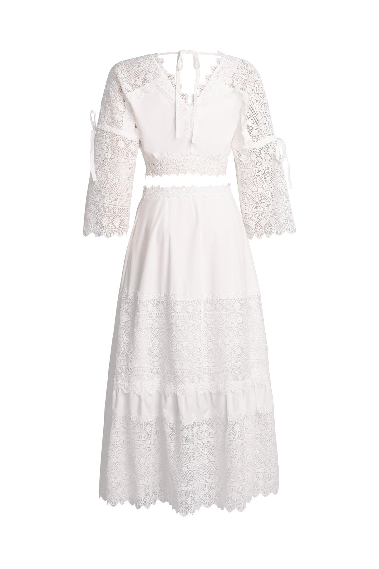 Rebecca White Lace Maxi Dress with Flare Sleeves and Waist Ties for Special Occasions