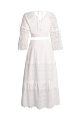 Rebecca White Lace Maxi Dress with Flare Sleeves and Waist Ties for Special Occasions