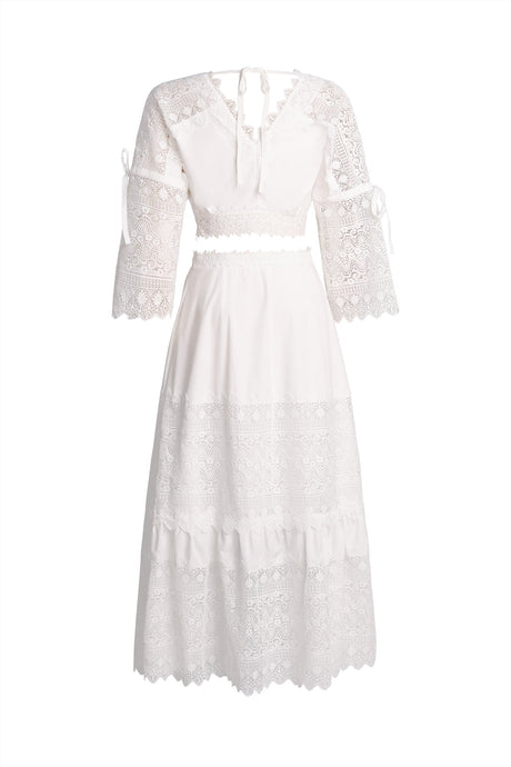 Rebecca White Lace Maxi Dress with Flare Sleeves and Waist Ties for Special Occasions