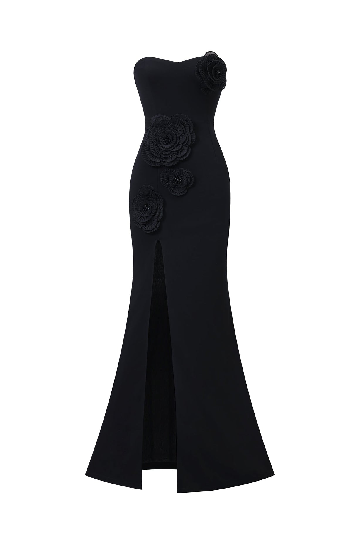 Rebekah Black Elegant Strapless Floral Detail Slit Dress