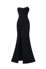 Rebekah Black Elegant Strapless Floral Detail Slit Dress