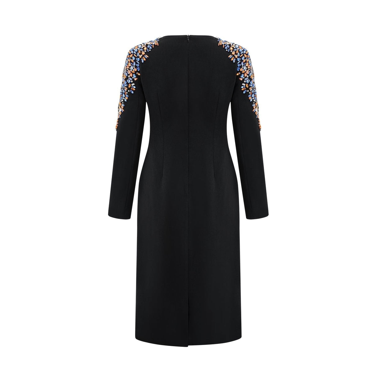 Rebekah Midi Dress Black Crystal Embellished Zippered Cuffs & Rear Slit