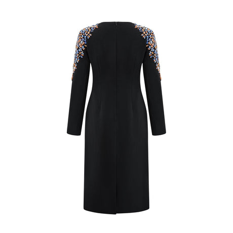 Rebekah Midi Dress Black Crystal Embellished Zippered Cuffs & Rear Slit