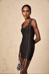 Rebekah Mini Dress Elegant Black Ribbon Split Hem