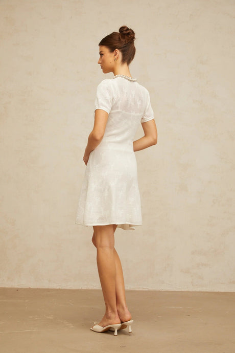 Rebekah Mini Dress White Crochet - Knit Bow Pearl Crystal Flare Hem Patch Pockets