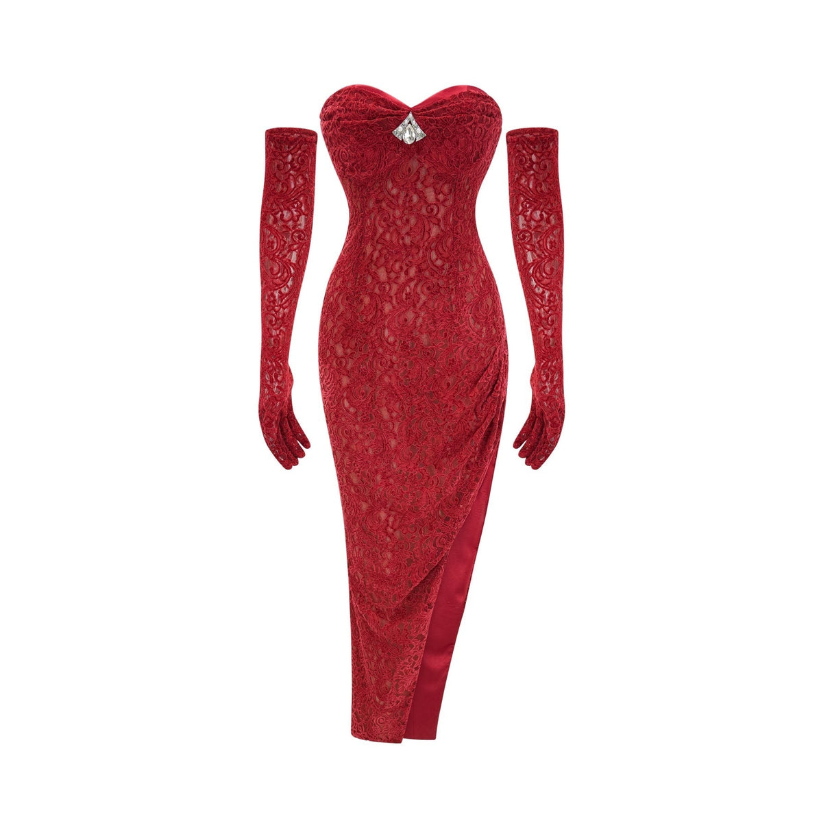 Red decorated midi dress Belle with matching gloves