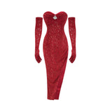 Red decorated midi dress Belle with matching gloves