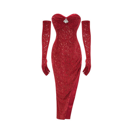 Red decorated midi dress Belle with matching gloves