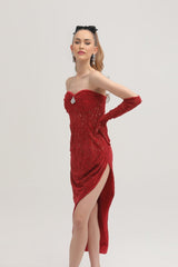 Red embellished midi dress Belle with matching gloves