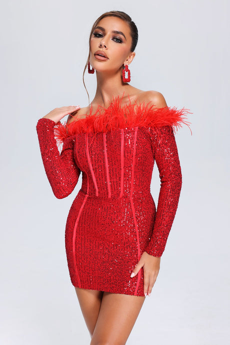 Red Feather Sequin Mini Dress