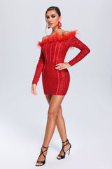 Red Feather Sequin Mini Dress with Off-the-Shoulder Neckline