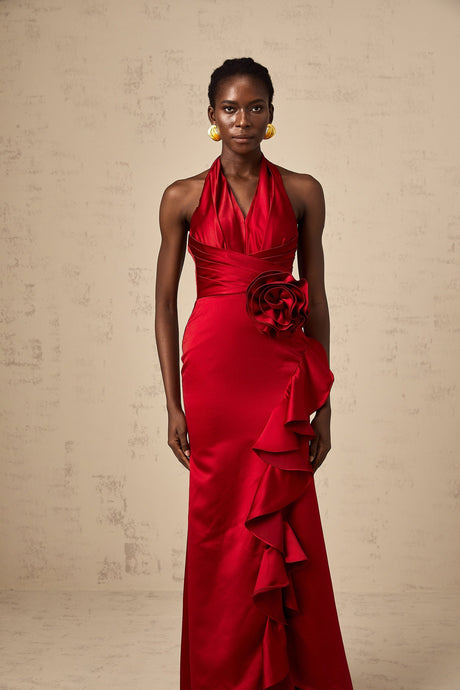 Red halterneck maxi dress with 3D petal ruffles named Letizia