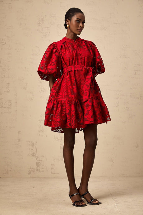Red jacquard mini dress with semi sheer fabric and a short length