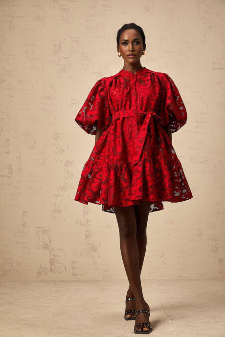 Red jacquard mini dress with semi sheer fabric and intricate pattern detail