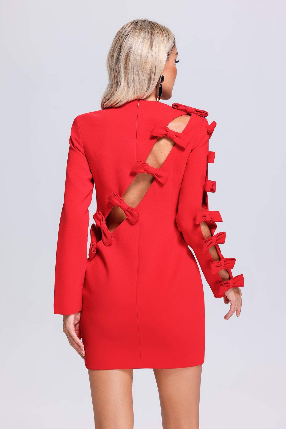 Red Josie Bowknots Mini Dress with charming bowknot detailing on sleeves