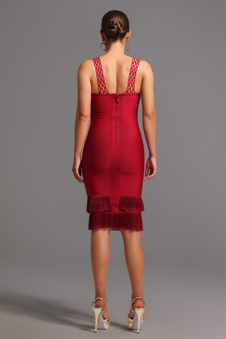 Adalgisa wearing a Red Loretta Sleeveless Tassel Bandage Mini Dress